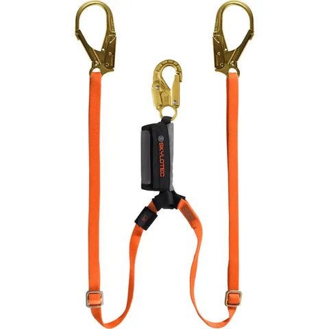 Skylotec SKYSAFE + ADJUSTABLE Twin Leg Rope Lanyard - 22mm gate Steel t/action karabiner on shock pack and 60mm gate steel scaffold hooks on lanyard ends.
