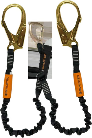 Skylotec SKYSAFE PRO + Elasticated Twin Leg Lanyard - 22mm gate steel t/action karabiner & 60mm gate steel scaffold hooks.