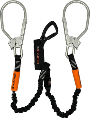 Skylotec SKYSAFE PRO + Elasticated Twin Leg Lanyard - 22mm gate Alloy T/action karabiner (Stak Tri) & 85mm gate steel scaffold hooks at the lanyard ends.